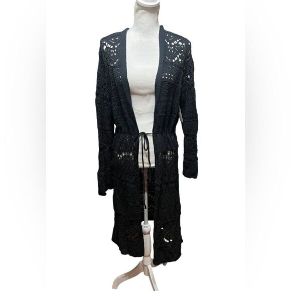 Anthropologie Pointelle Knit Black Long Tie Waist Sweater Cardigan Size L NWT - Picture 2 of 6